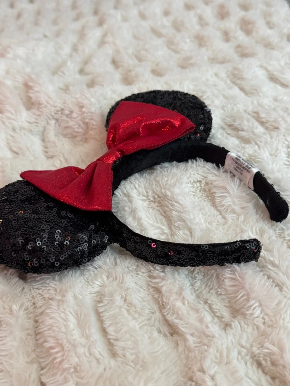 Disney Black Sequin Minnie Ears with Red Bow